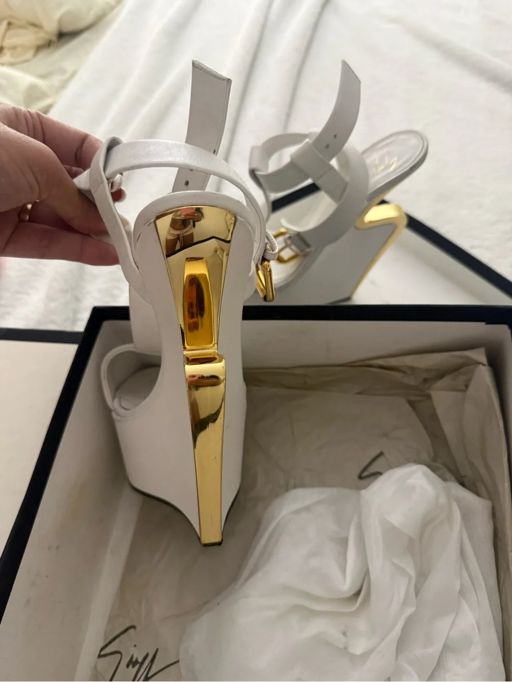 Giuseppe Zanotti White Leather Wedge Heels with Gold Sculpted Heel - Picture 3 of 5